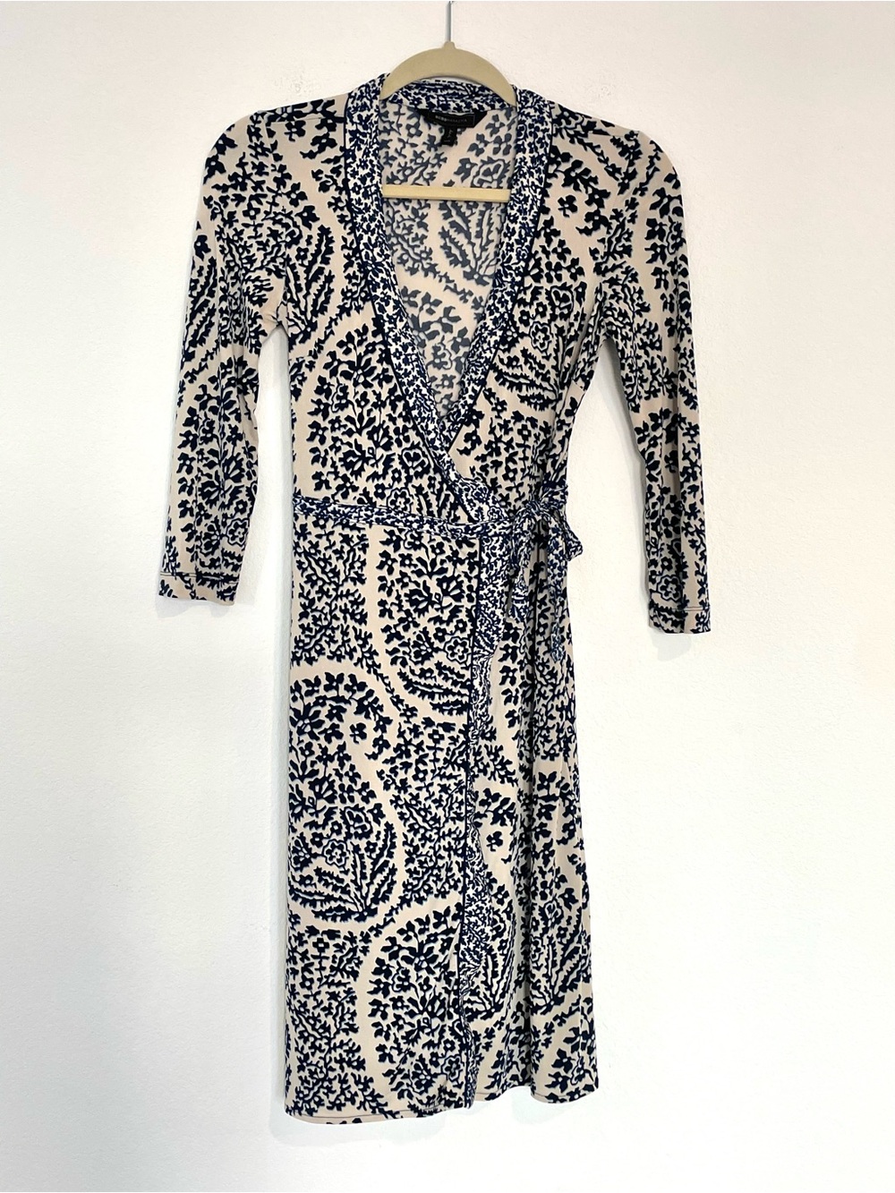 BCBGMaxAzria Cream & Navy Blue Paisley Wrap Dress